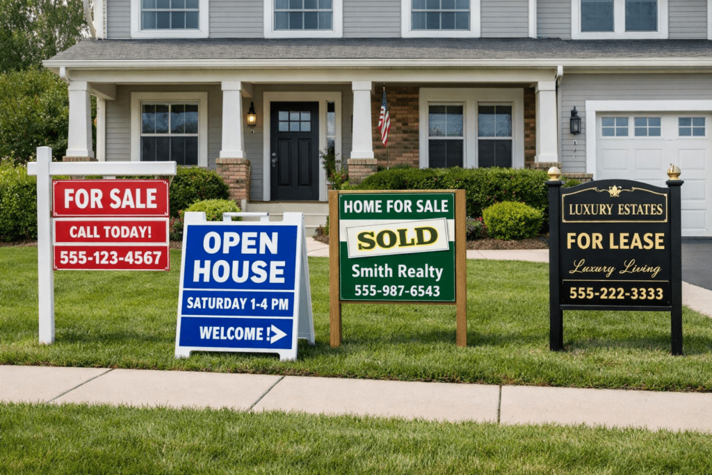 House with different types of sale and lease signs in the front yard.